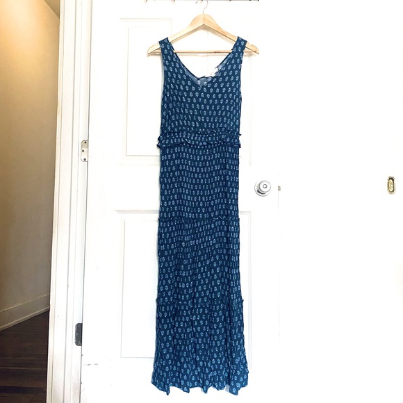 LUCKY BRAND Long Sleeveless Blue Floral Tiered Summer Praire Maxi Dress Ruffles - Picture 1 of 8